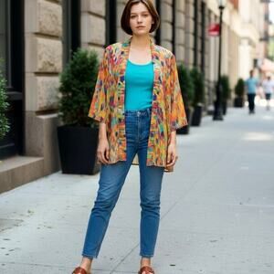 Slinky Brand Abstract Cardigan 👘 XS Lightweight Sheer Open Front Kimono Style